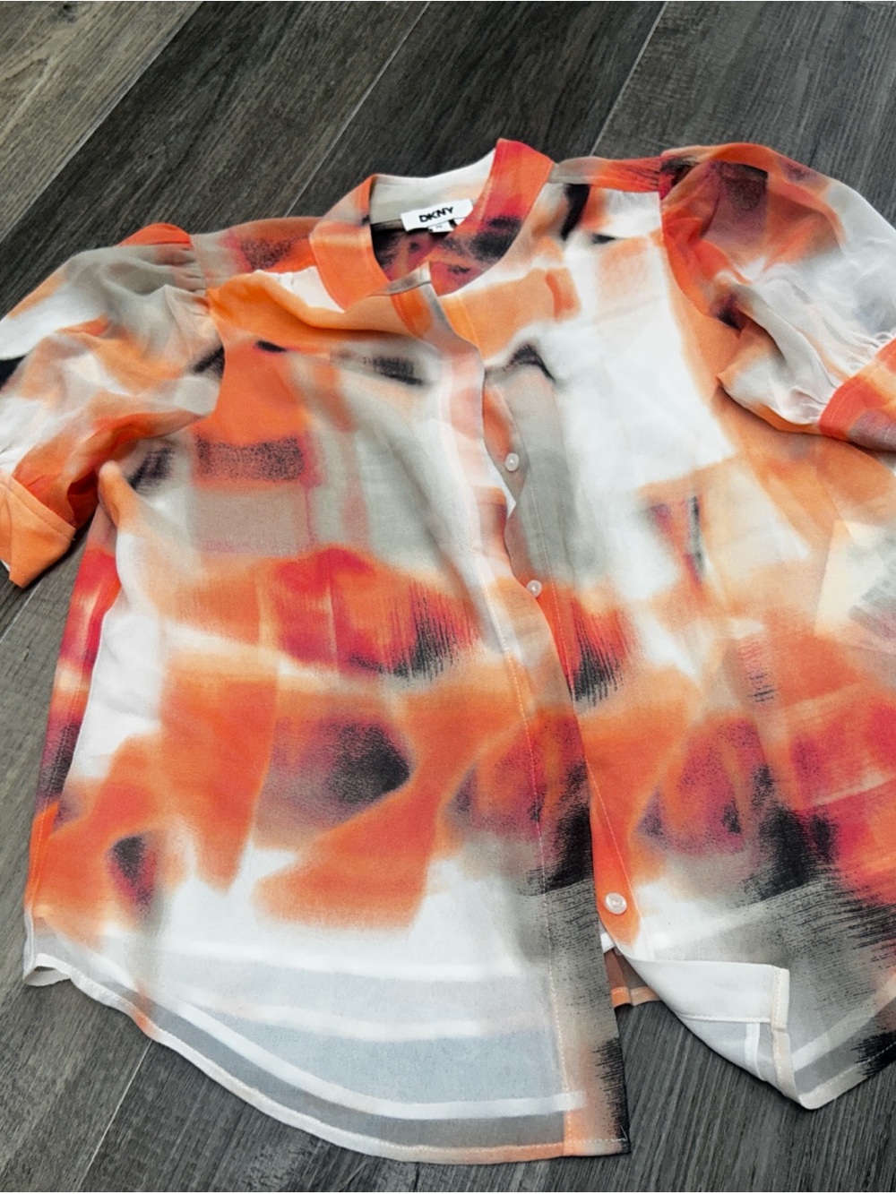 DKNY White & Orange Abstract Sheer Button-Up Blouse